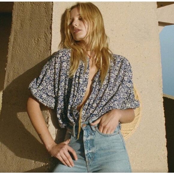 Doen Jane Blouse in Navy Blue Jessamine Calico Floral Jewel Tone Fall Top - Picture 3 of 8